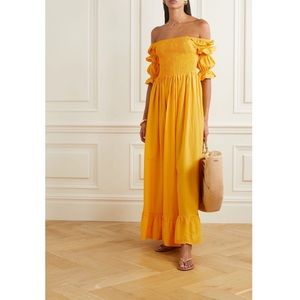 EVARAE Lora off the shoulder shirred smocked maxi dress